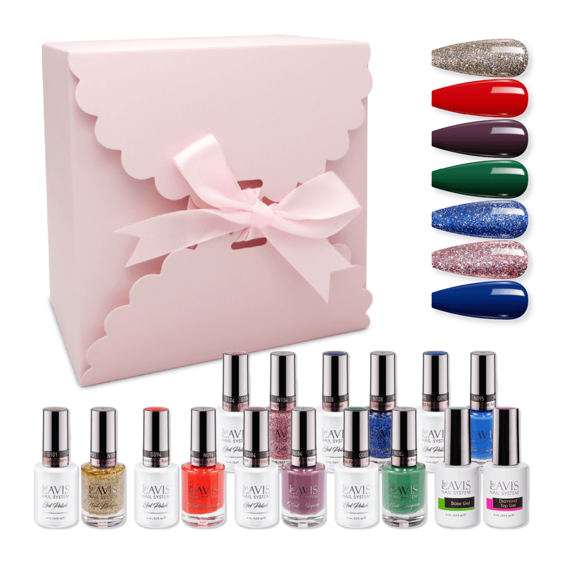 LAVIS Holiday Gift Bundle Set 25: 7 Gel & Lacquer, 1 Base Gel, 1 Top Gel - 094; 095; 108; 083; 101; 084; 104 - DTK Nail Supply