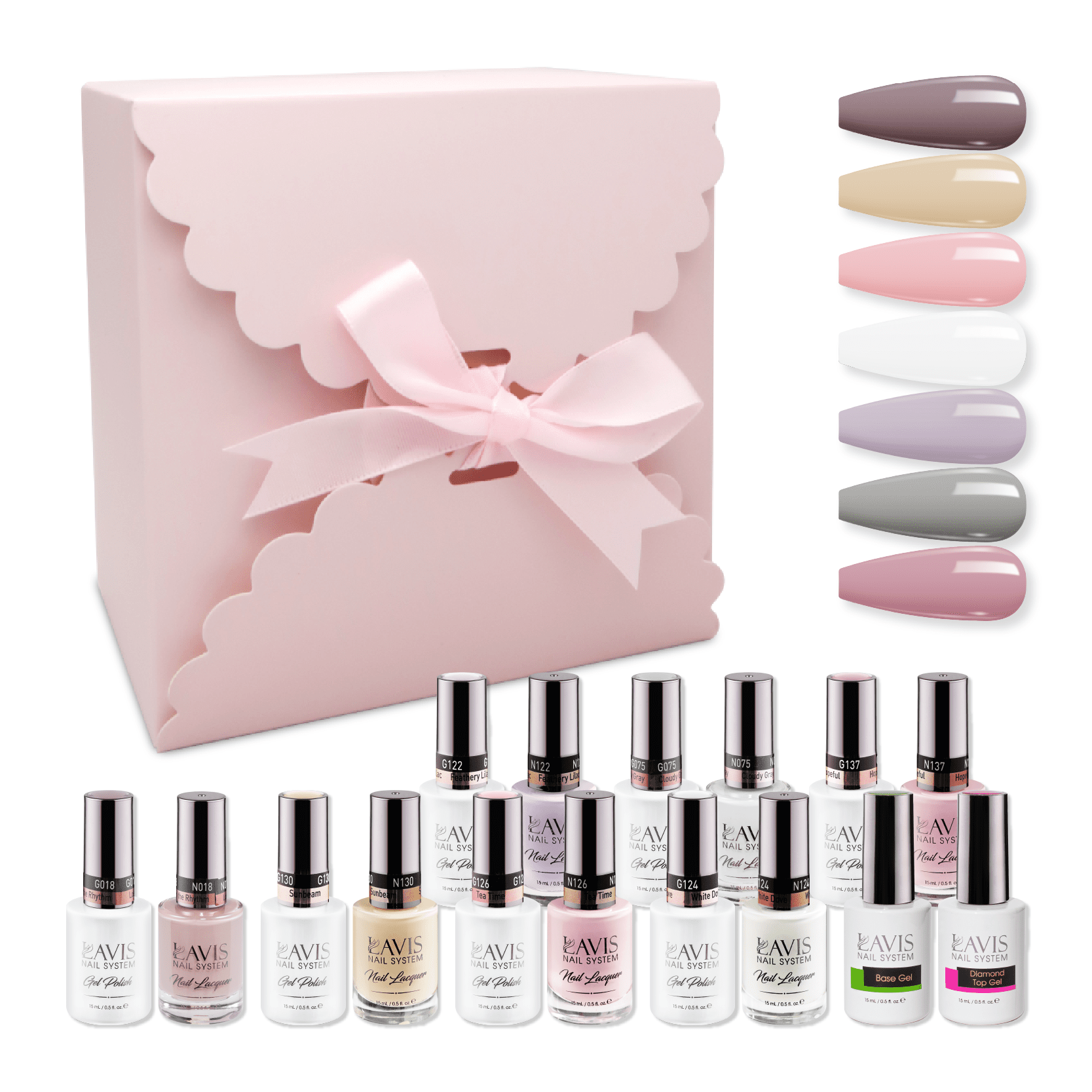 LAVIS Holiday Gift Bundle Set 6: 7 Gel & Lacquer, 1 Base Gel, 1 Top Gel - 124; 126; 122; 137; 018; 130; 075 - DTK Nail Supply