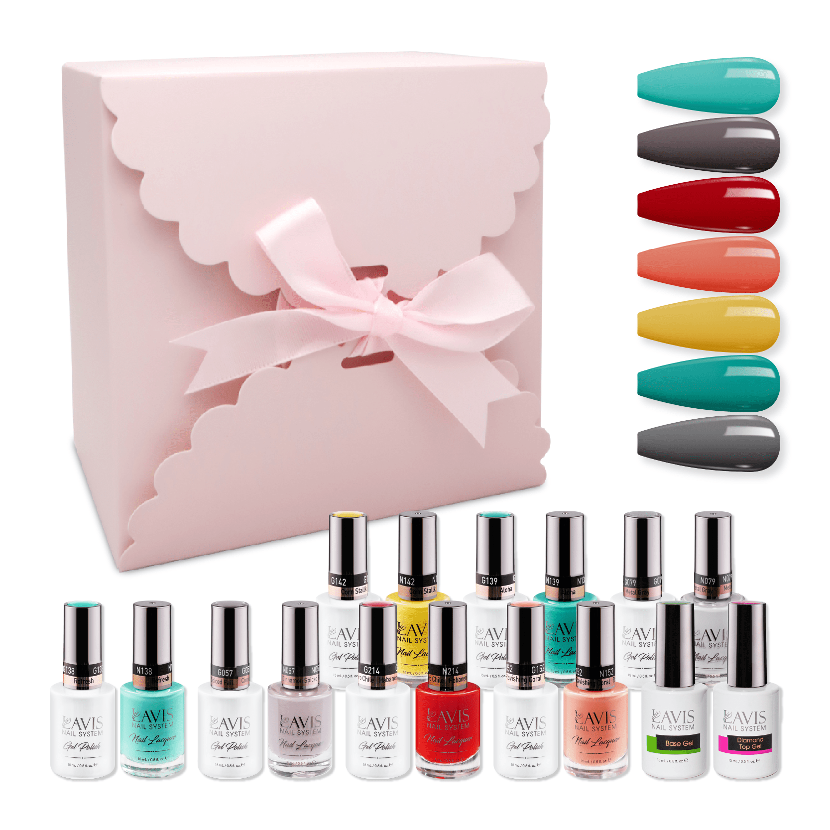 LAVIS Holiday Gift Bundle Set 7: 7 Gel & Lacquer, 1 Base Gel, 1 Top Gel - 079; 138; 152; 057; 214; 142; 139 - DTK Nail Supply
