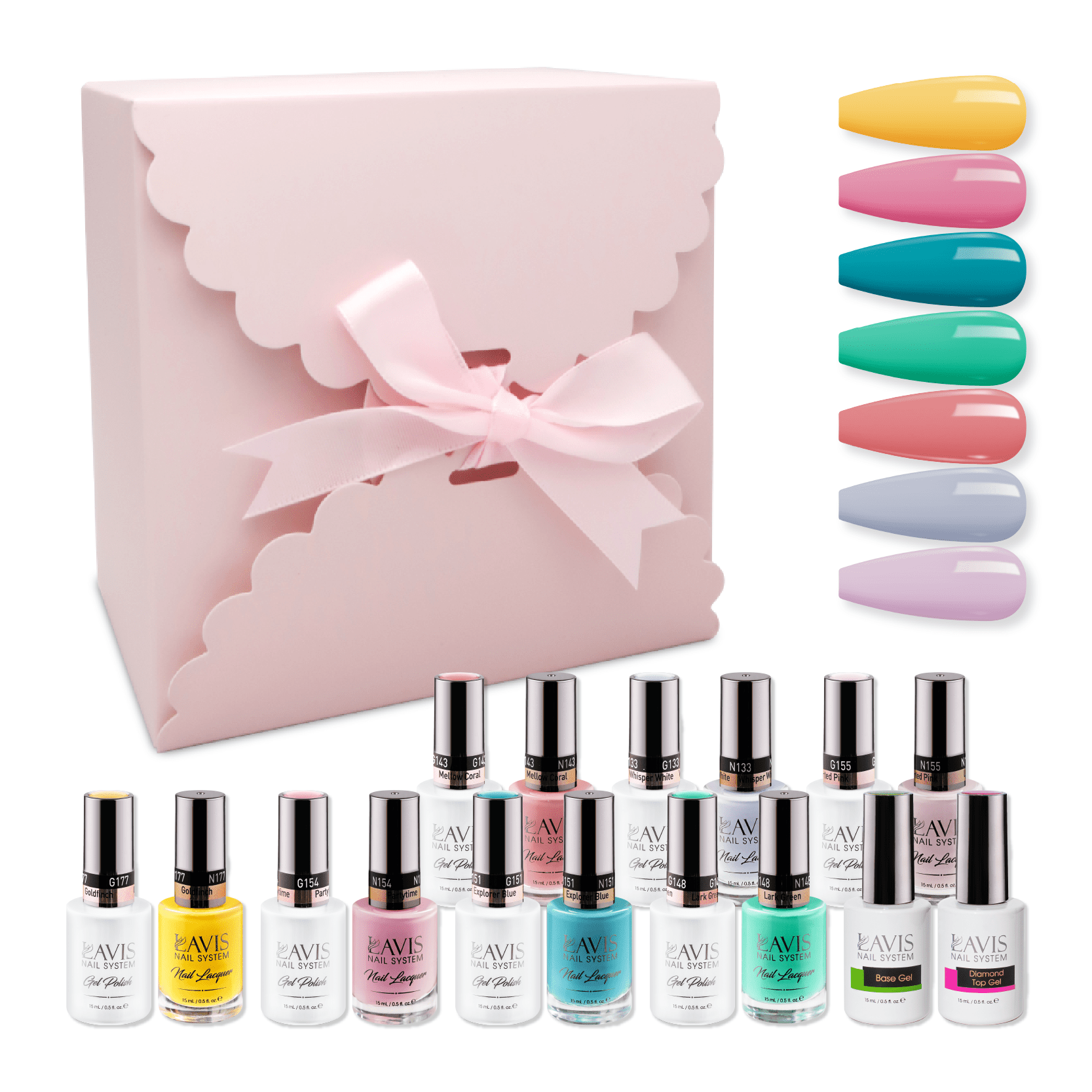 LAVIS Holiday Gift Bundle Set 9: 7 Gel & Lacquer, 1 Base Gel, 1 Top Gel - 154; 148; 177; 143; 151; 155; 133 - DTK Nail Supply