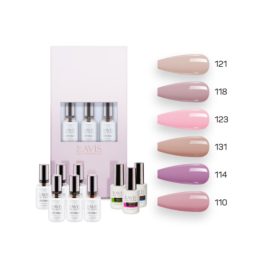Lavis Nude Pastel 2022 Collection Gel Set 1: 6 Gel Polishes, 1 Base Gel, 1 Top Gel, 1 Protein Bond & Primer - 121; 118; 123; 131; 114; 110 - DTK Nail Supply