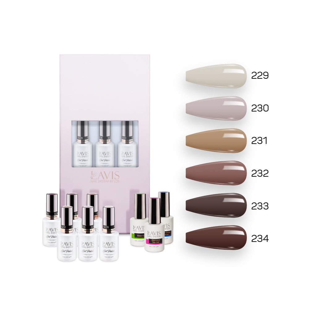 Lavis Nude Pastel 2022 Collection Gel Set 10: 6 Gel Polishes, 1 Base Gel, 1 Top Gel, 1 Protein Bond & Primer - 229; 230; 231; 232; 233; 234 - DTK Nail Supply