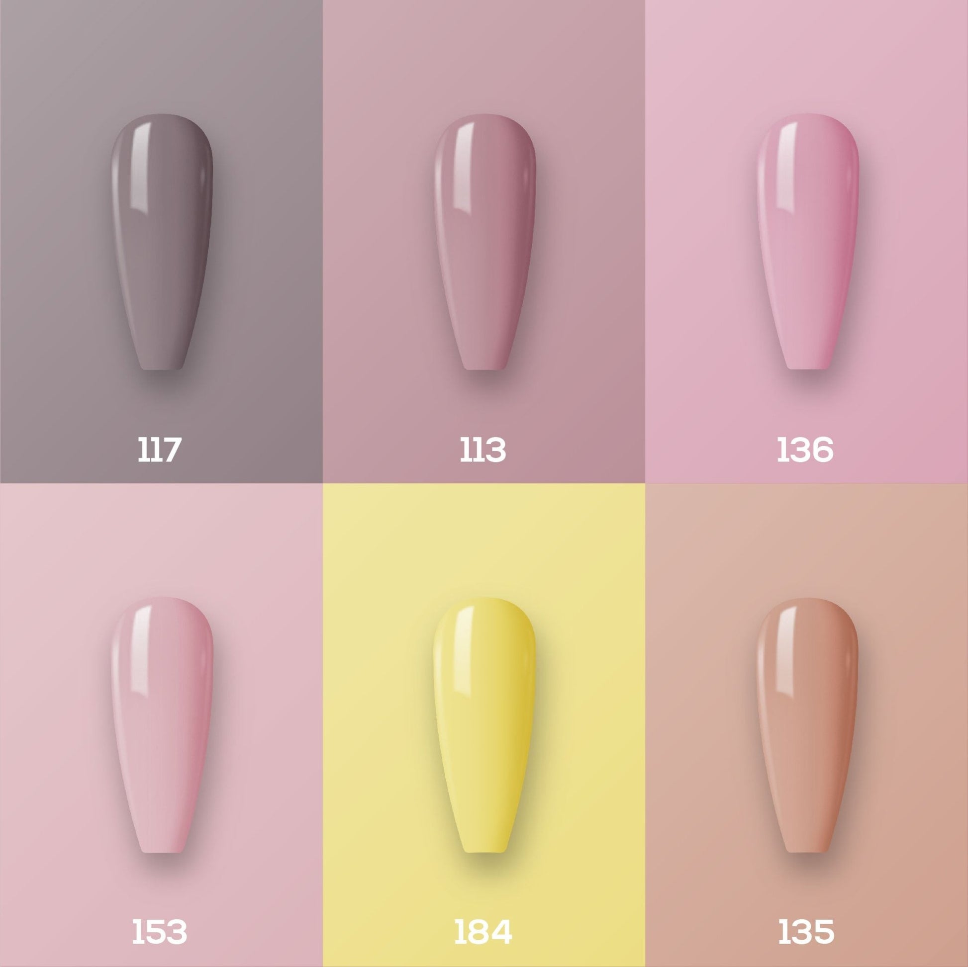 Lavis Nude Pastel 2022 Collection Gel Set 3: 6 Gel Polishes, 1 Base Gel, 1 Top Gel, 1 Protein Bond & Primer - 117; 113; 136; 153; 184; 135 - DTK Nail Supply