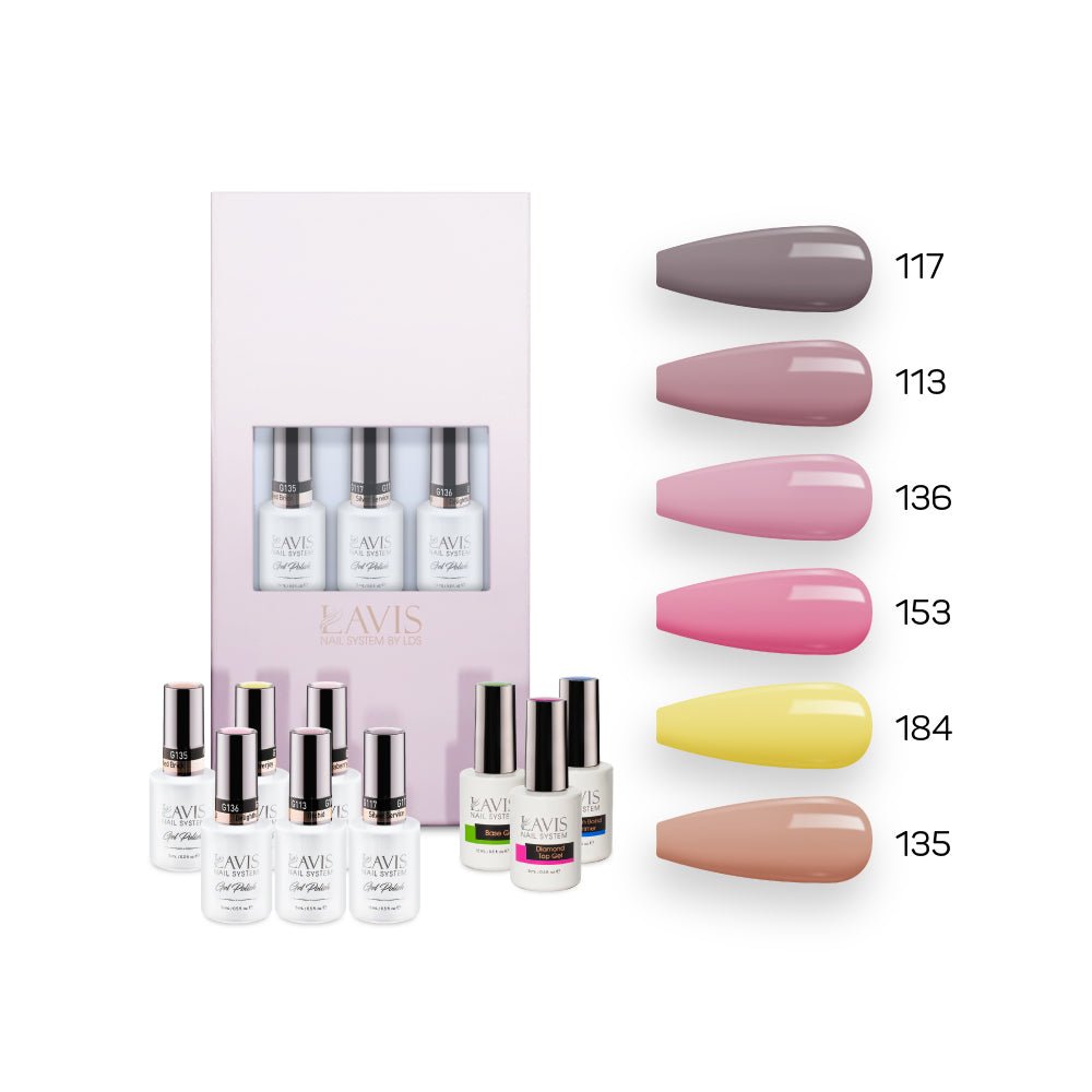 Lavis Nude Pastel 2022 Collection Gel Set 3: 6 Gel Polishes, 1 Base Gel, 1 Top Gel, 1 Protein Bond & Primer - 117; 113; 136; 153; 184; 135 - DTK Nail Supply