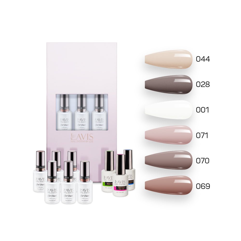 Lavis Nude Pastel 2022 Collection Gel Set 4: 6 Gel Polishes, 1 Base Gel, 1 Top Gel, 1 Protein Bond & Primer - 044; 028; 001; 071; 070; 069 - DTK Nail Supply