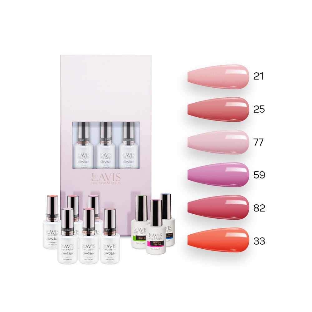 Lavis Nude Pastel 2022 Collection Gel Set 6: 6 Gel Polishes, 1 Base Gel, 1 Top Gel, 1 Protein Bond & Primer - 021; 025; 077; 059; 082; 033 - DTK Nail Supply