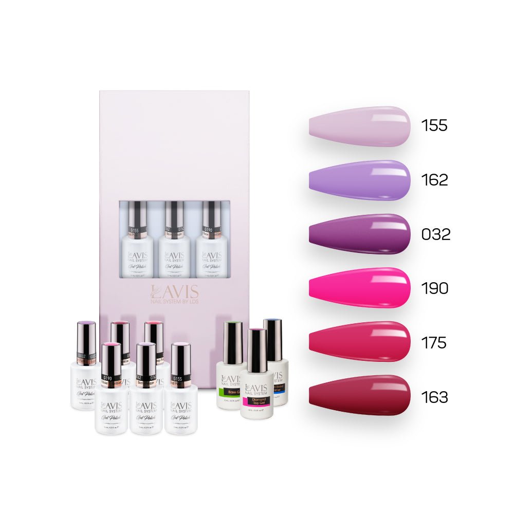 Lavis Nude Pastel 2022 Collection Gel Set 7: 6 Gel Polishes, 1 Base Gel, 1 Top Gel, 1 Protein Bond & Primer - 155; 162; 032; 190; 175; 163 - DTK Nail Supply