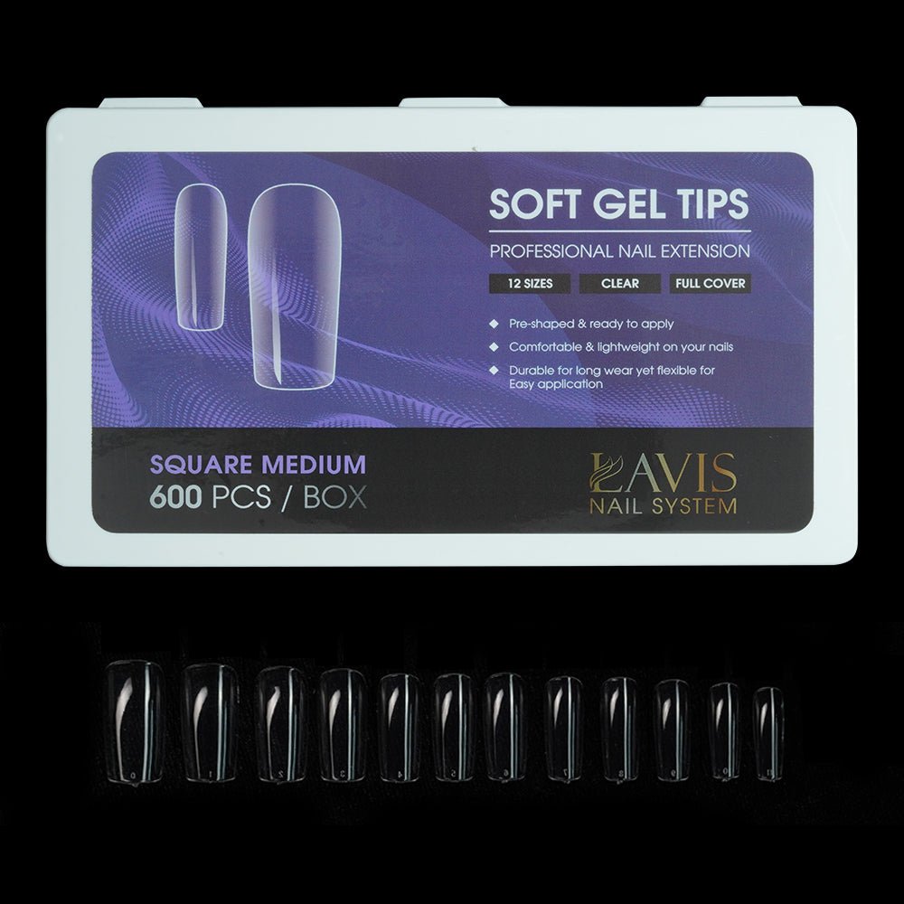 LAVIS Square Medium - 12 Sizes Clear - Soft Gel Tips - DTK Nail Supply
