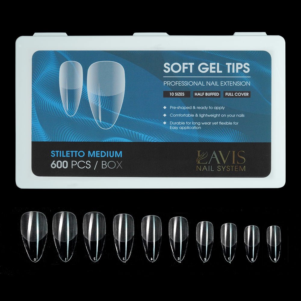 LAVIS Stiletto Medium - 10 Sizes Half Buffed - Soft Gel Tips - DTK Nail Supply