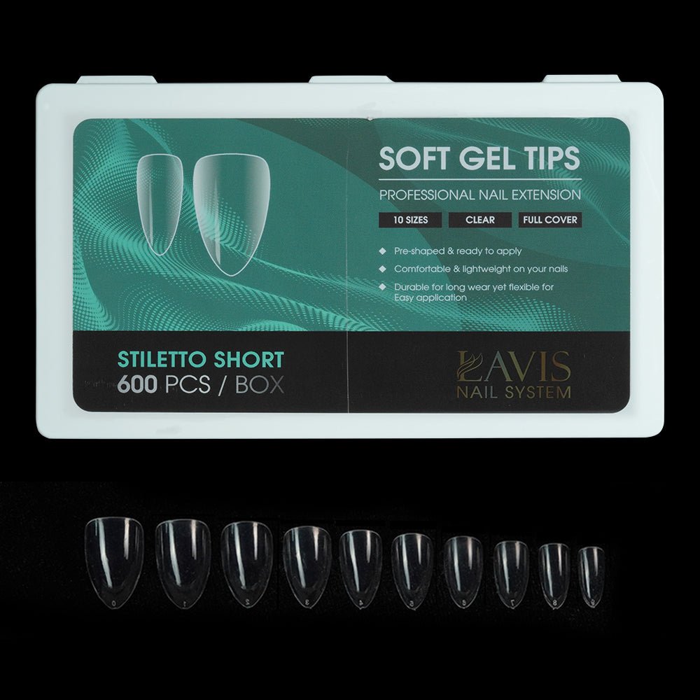 LAVIS Stiletto Short - 10 Sizes Clear - Soft Gel Tips - DTK Nail Supply