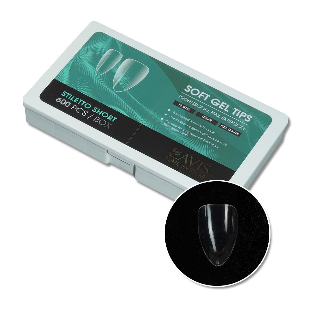 LAVIS Stiletto Short - 10 Sizes Clear - Soft Gel Tips - DTK Nail Supply