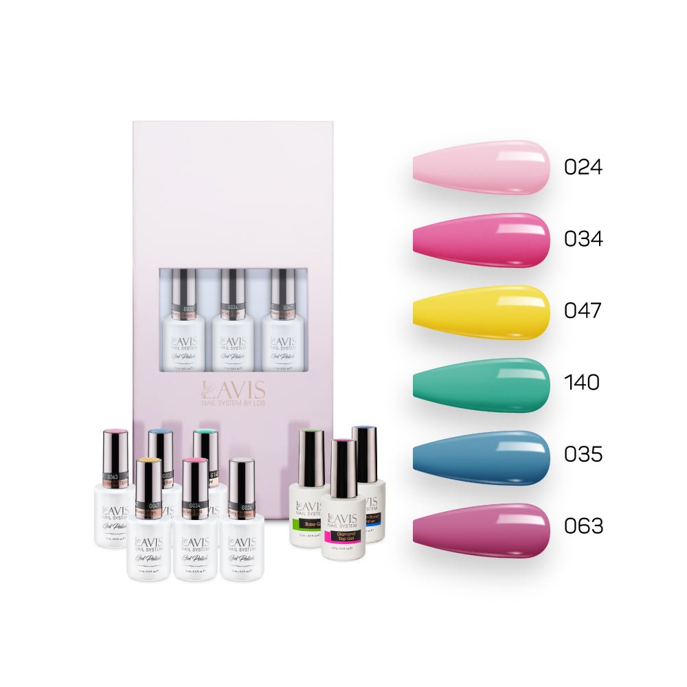 Lavis Summer Collection Gel Set 10: 6 Gel Polishes, 1 Base Gel, 1 Top Gel, 1 Protein Bond & Primer - 024; 034; 047; 140; 035; 063 - DTK Nail Supply