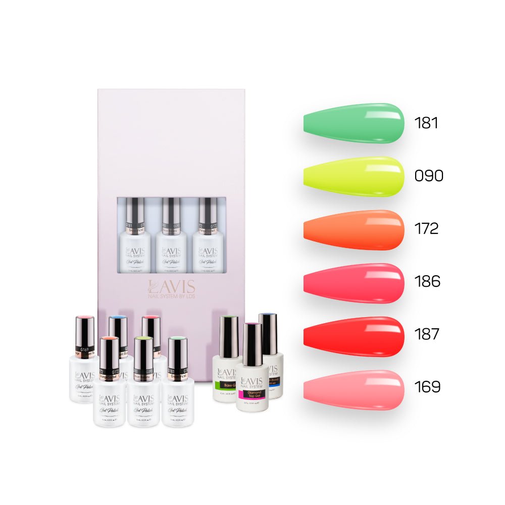 Lavis Summer Collection Gel Set 11: 6 Gel Polishes, 1 Base Gel, 1 Top Gel, 1 Protein Bond & Primer - 181; 090; 172; 186; 187; 169 - DTK Nail Supply