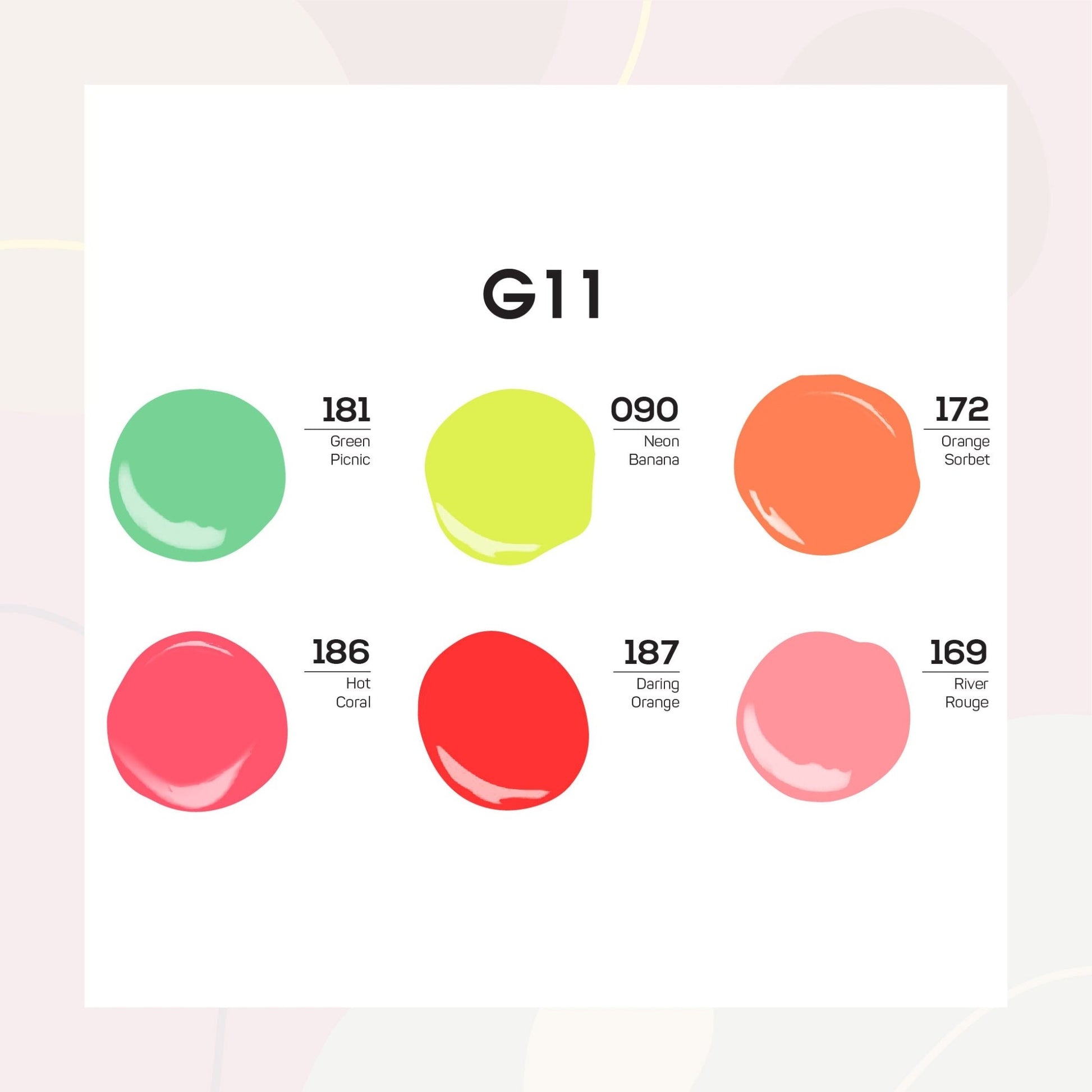 Lavis Summer Collection Gel Set 11: 6 Gel Polishes, 1 Base Gel, 1 Top Gel, 1 Protein Bond & Primer - 181; 090; 172; 186; 187; 169 - DTK Nail Supply