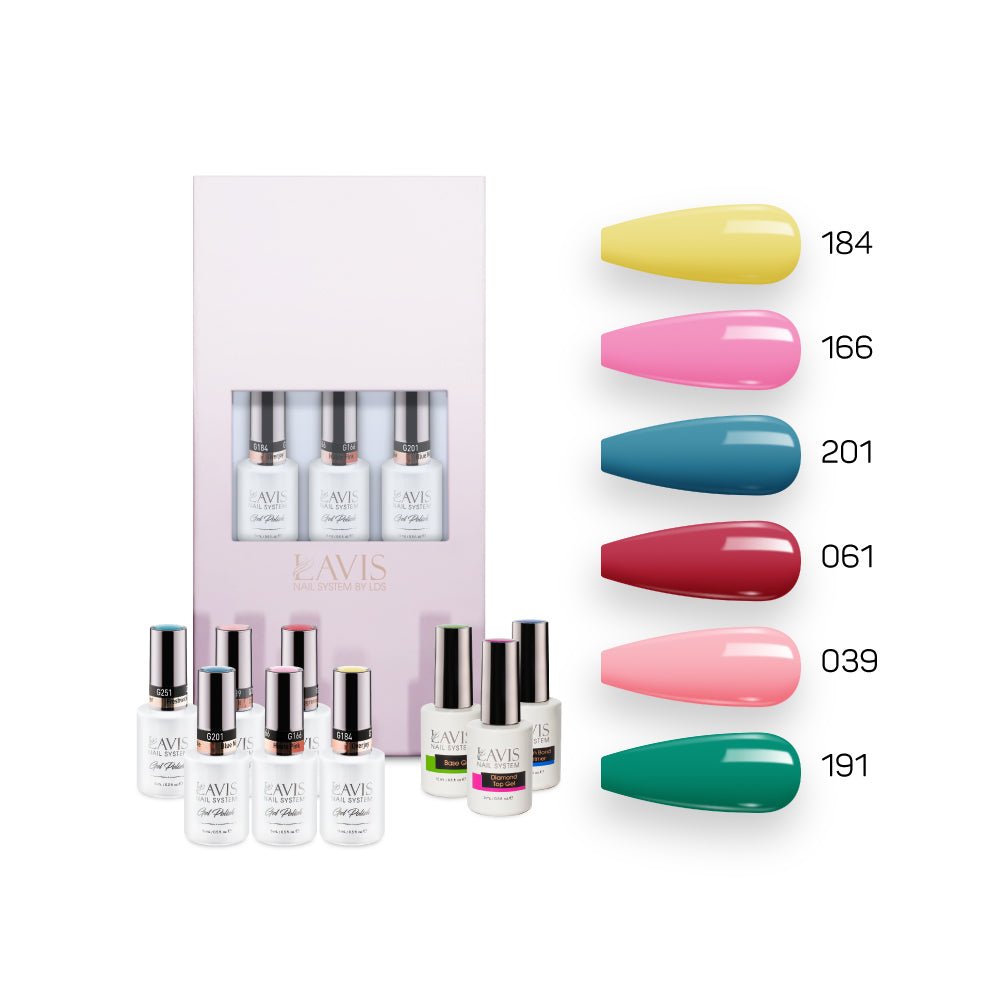 Lavis Summer Collection Gel Set 12: 6 Gel Polishes, 1 Base Gel, 1 Top Gel, 1 Protein Bond & Primer - 184; 166; 201; 061; 039; 191 - DTK Nail Supply