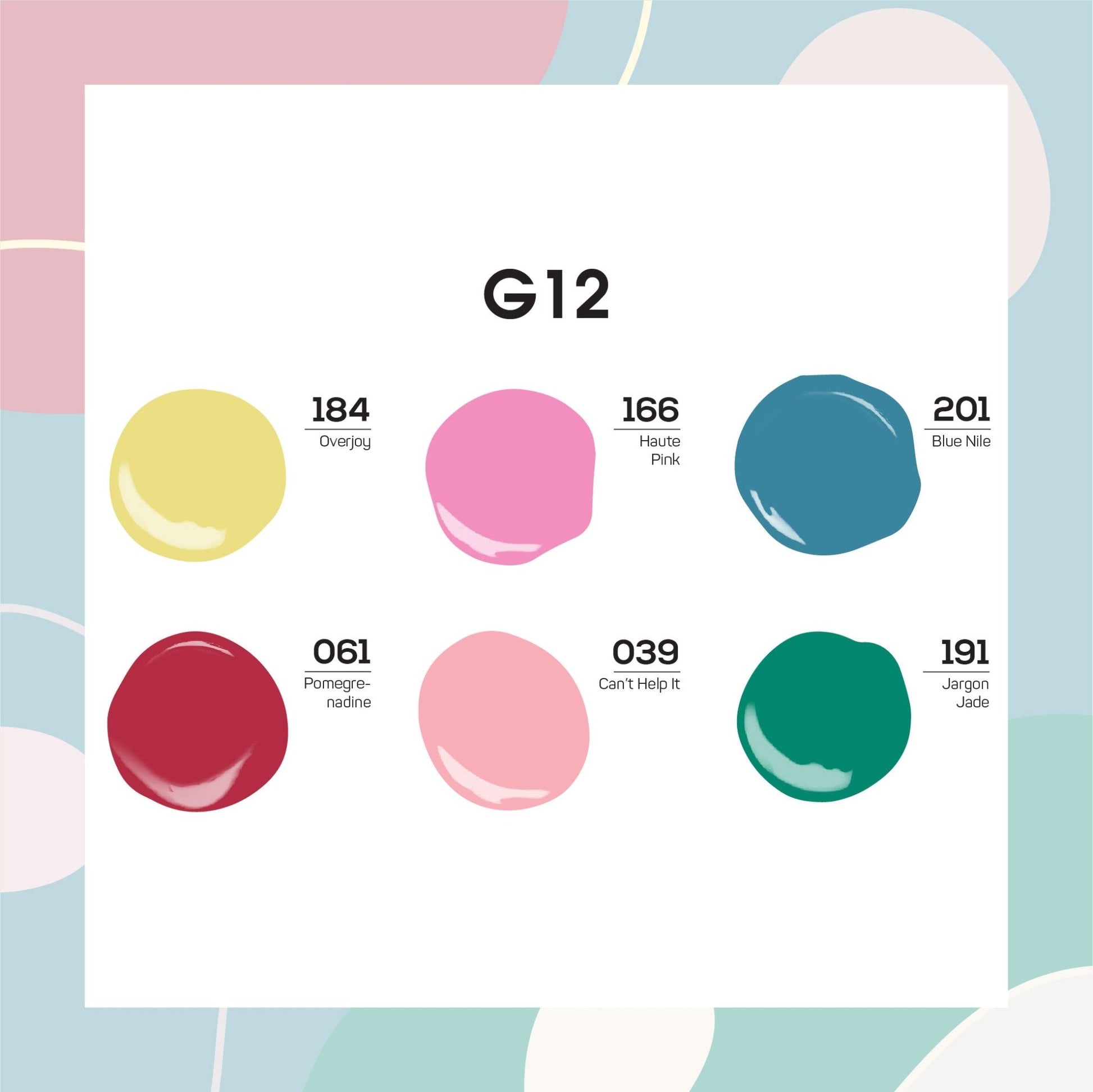 Lavis Summer Collection Gel Set 12: 6 Gel Polishes, 1 Base Gel, 1 Top Gel, 1 Protein Bond & Primer - 184; 166; 201; 061; 039; 191 - DTK Nail Supply