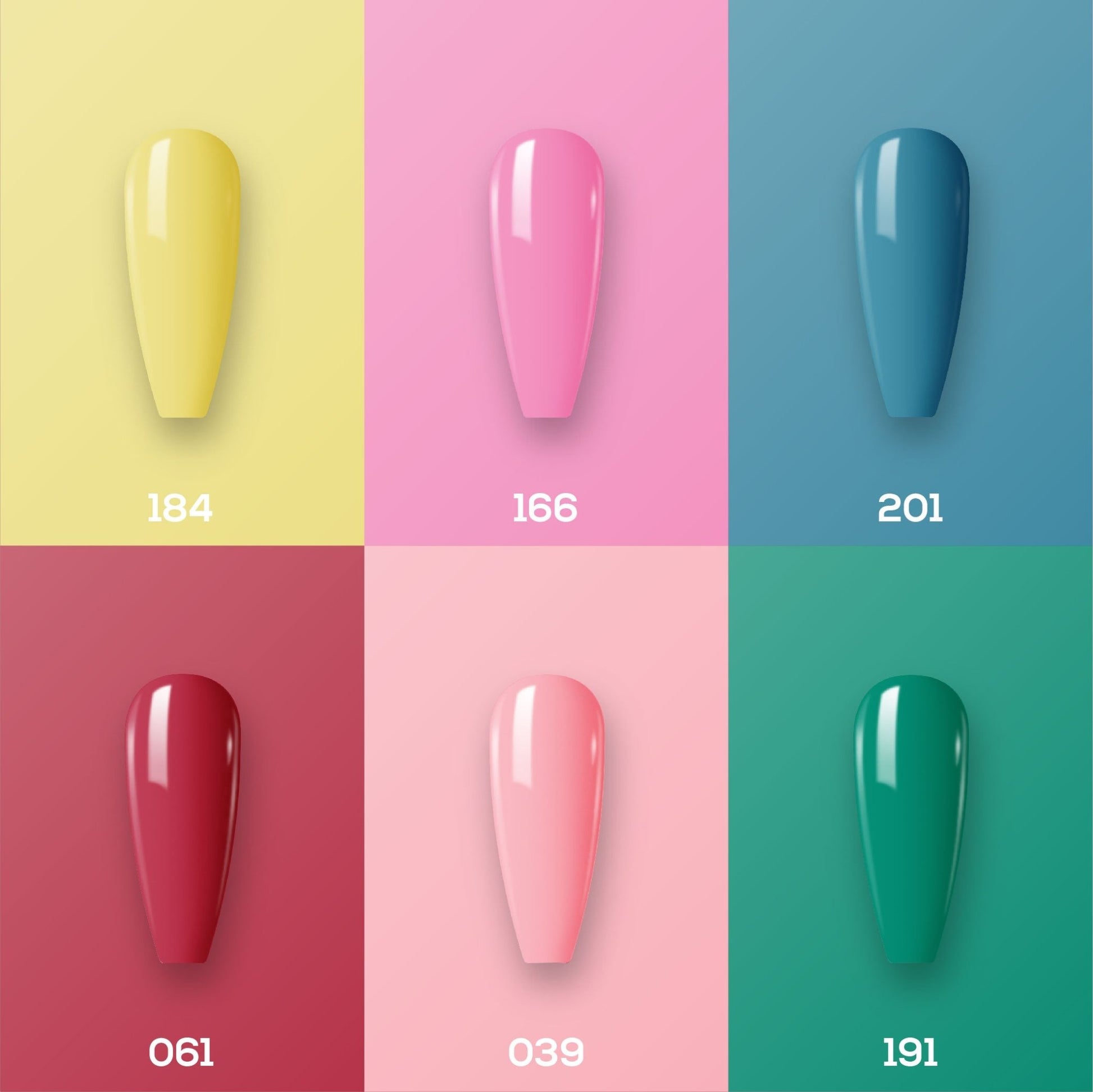Lavis Summer Collection Gel Set 12: 6 Gel Polishes, 1 Base Gel, 1 Top Gel, 1 Protein Bond & Primer - 184; 166; 201; 061; 039; 191 - DTK Nail Supply