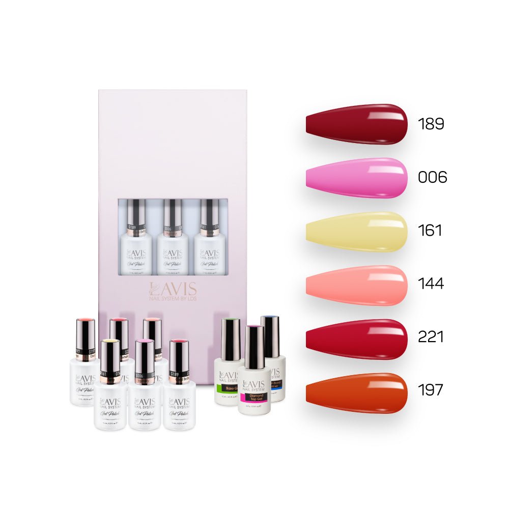 Lavis Summer Collection Gel Set 3: 6 Gel Polishes, 1 Base Gel, 1 Top Gel, 1 Protein Bond & Primer - 189; 006; 161; 144; 221; 197 - DTK Nail Supply