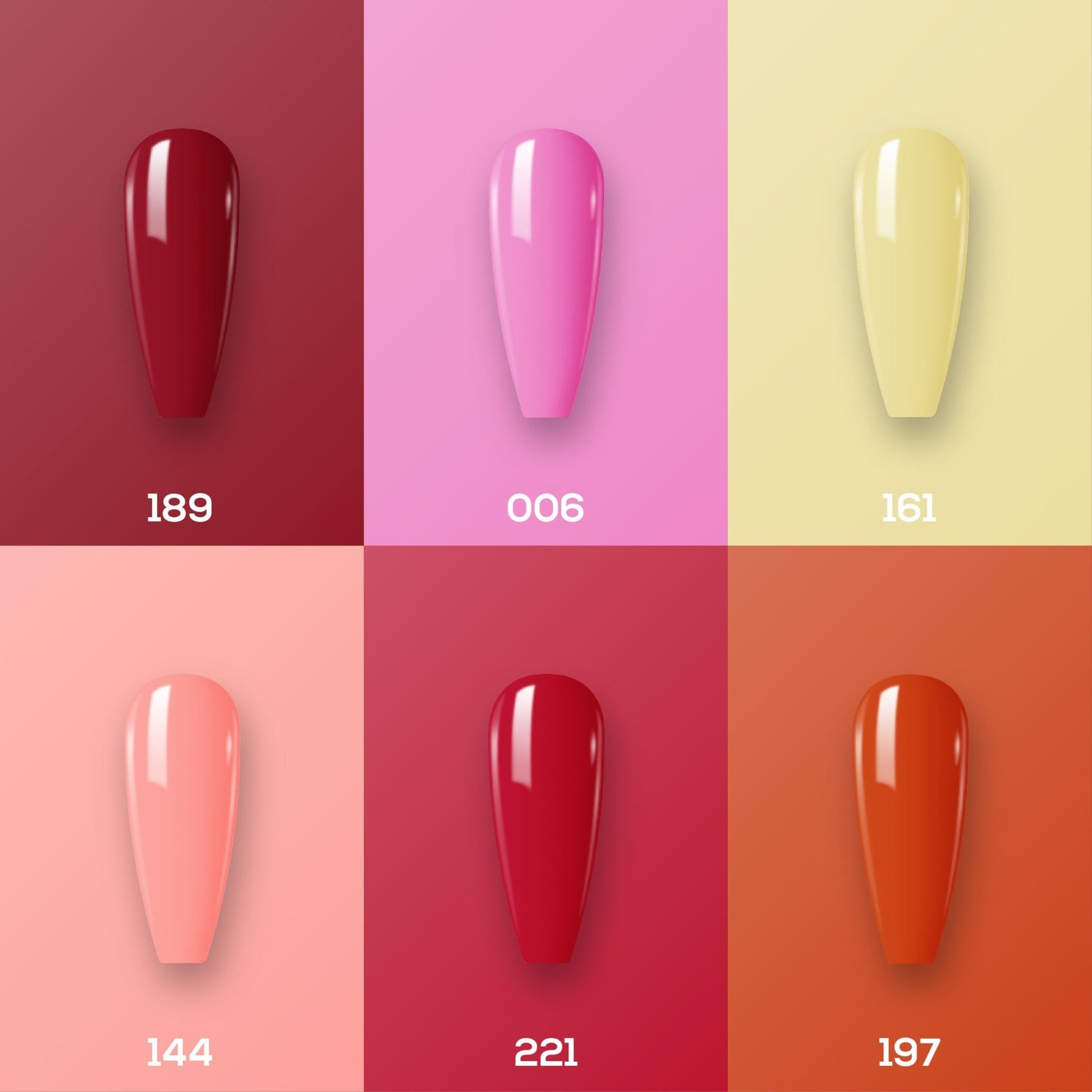Lavis Summer Collection Gel Set 3: 6 Gel Polishes, 1 Base Gel, 1 Top Gel, 1 Protein Bond & Primer - 189; 006; 161; 144; 221; 197 - DTK Nail Supply