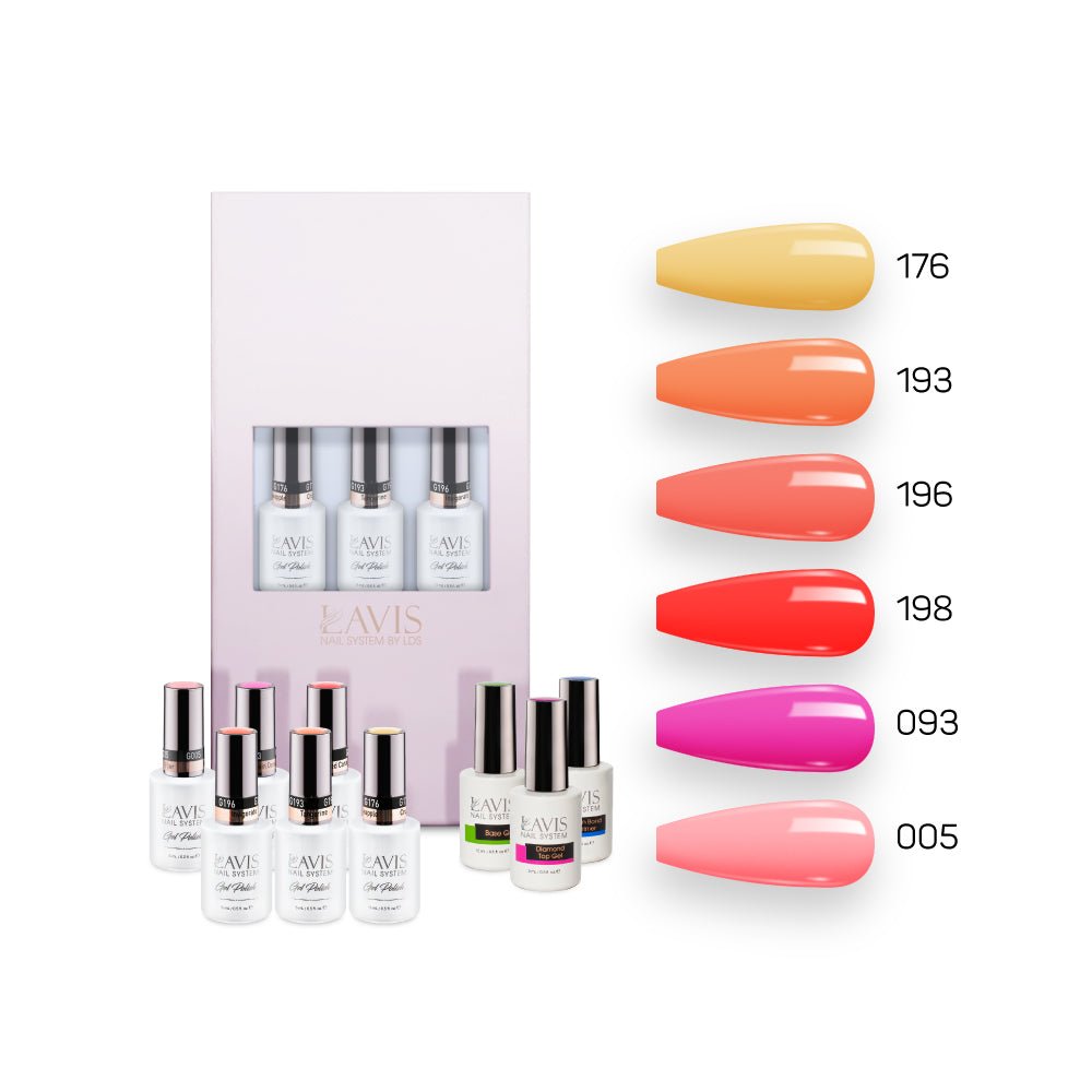 Lavis Summer Collection Gel Set 4: 6 Gel Polishes, 1 Base Gel, 1 Top Gel, 1 Protein Bond & Primer - 176; 193; 196; 198; 093; 005 - DTK Nail Supply