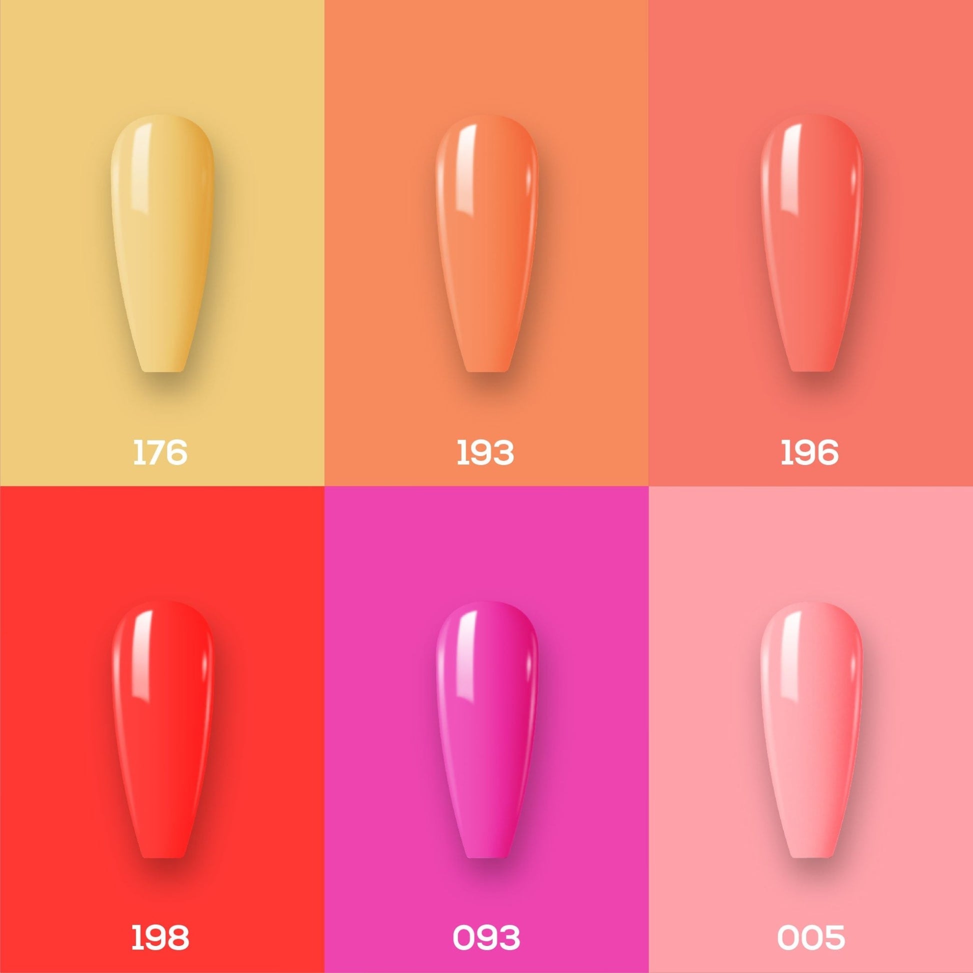 Lavis Summer Collection Gel Set 4: 6 Gel Polishes, 1 Base Gel, 1 Top Gel, 1 Protein Bond & Primer - 176; 193; 196; 198; 093; 005 - DTK Nail Supply
