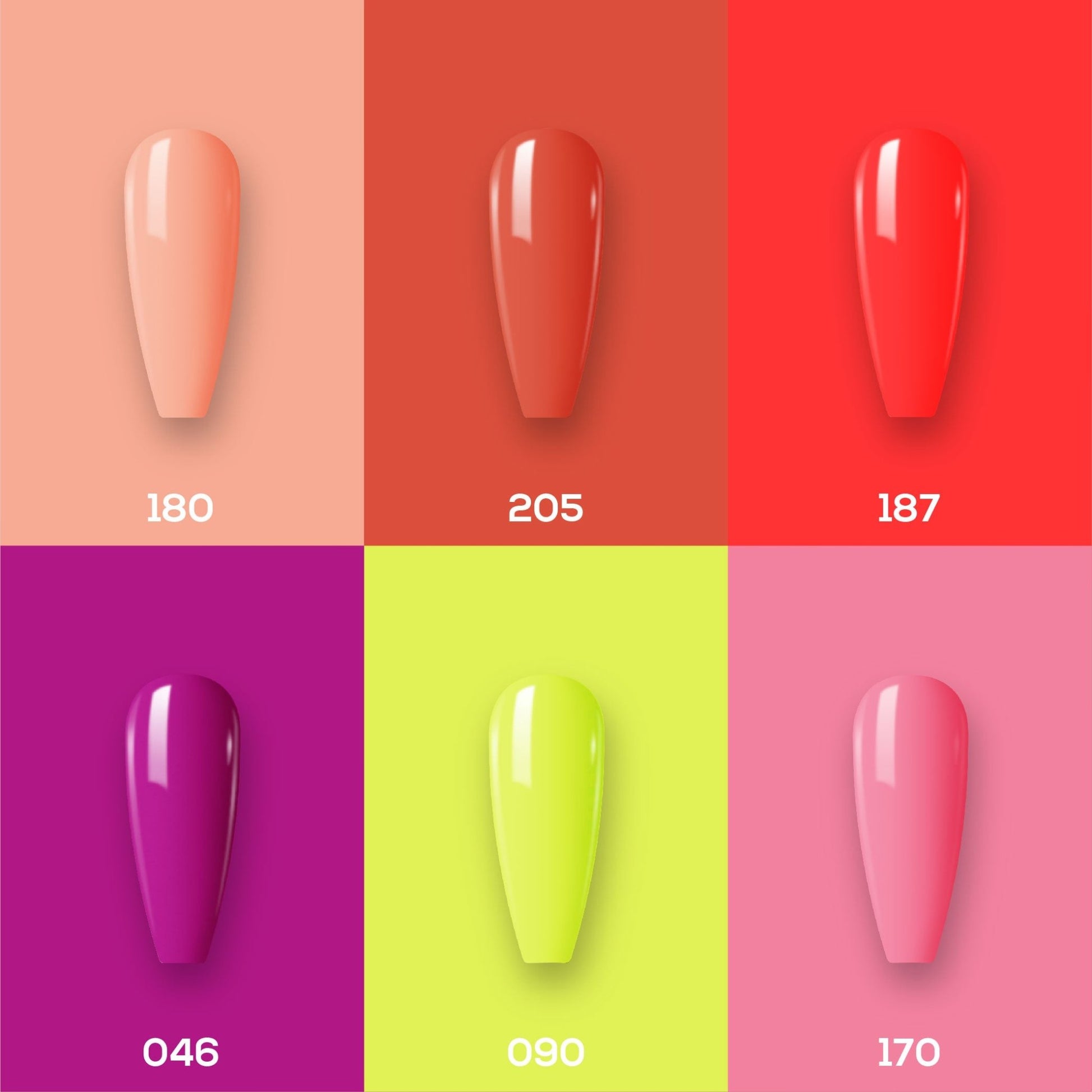 Lavis Summer Collection Gel Set 5: 6 Gel Polishes, 1 Base Gel, 1 Top Gel, 1 Protein Bond & Primer - 180; 205; 187; 046; 090; 170 - DTK Nail Supply