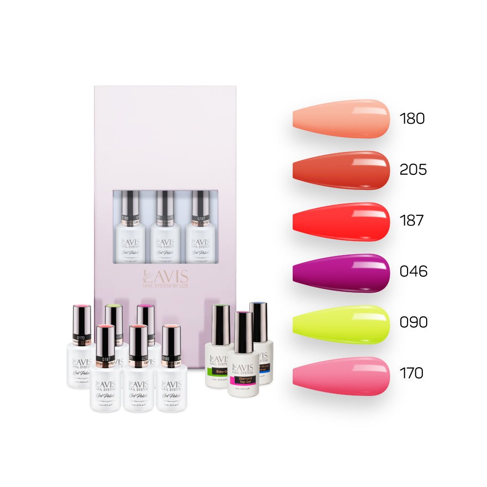 Lavis Summer Collection Gel Set 5: 6 Gel Polishes, 1 Base Gel, 1 Top Gel, 1 Protein Bond & Primer - 180; 205; 187; 046; 090; 170 - DTK Nail Supply
