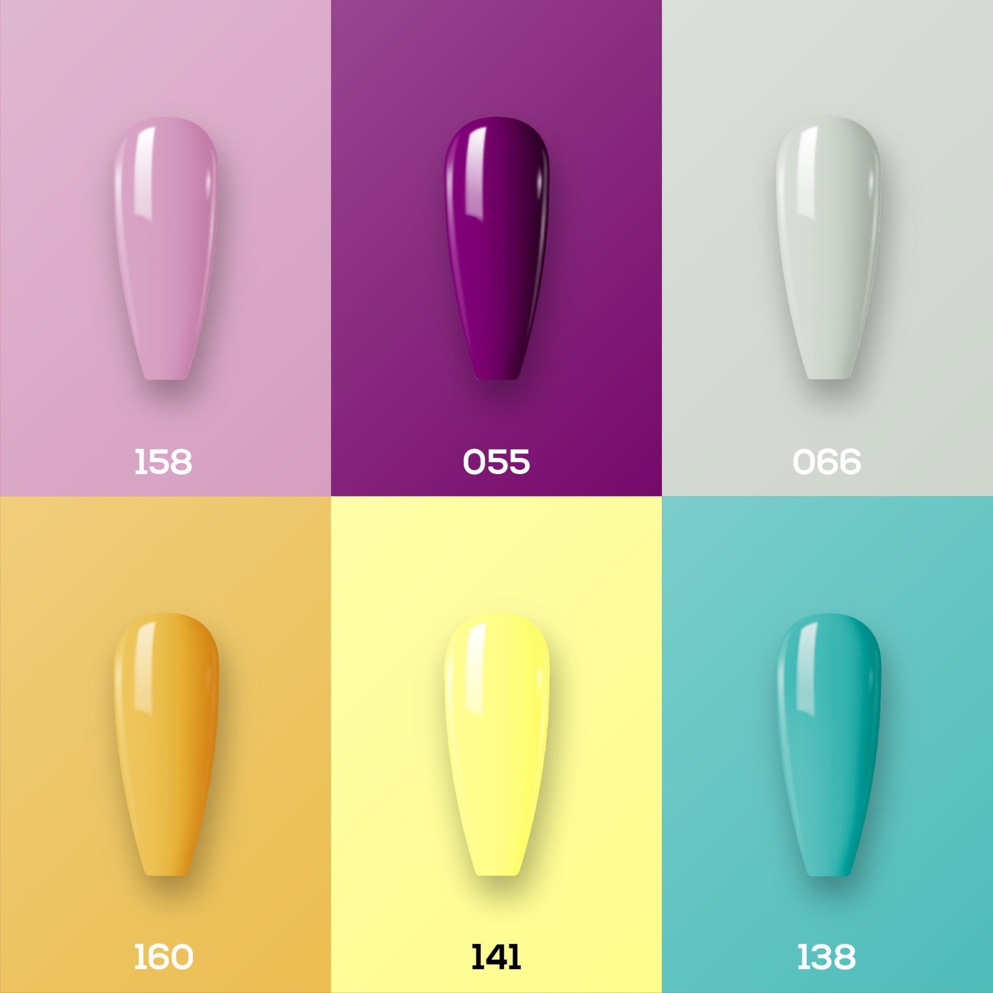 Lavis Summer Collection Gel Set 6: 6 Gel Polishes, 1 Base Gel, 1 Top Gel, 1 Protein Bond & Primer - 158; 055; 066; 160; 141; 138 - DTK Nail Supply