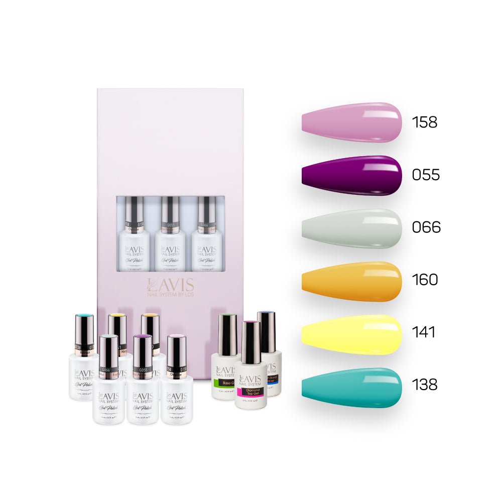 Lavis Summer Collection Gel Set 6: 6 Gel Polishes, 1 Base Gel, 1 Top Gel, 1 Protein Bond & Primer - 158; 055; 066; 160; 141; 138 - DTK Nail Supply