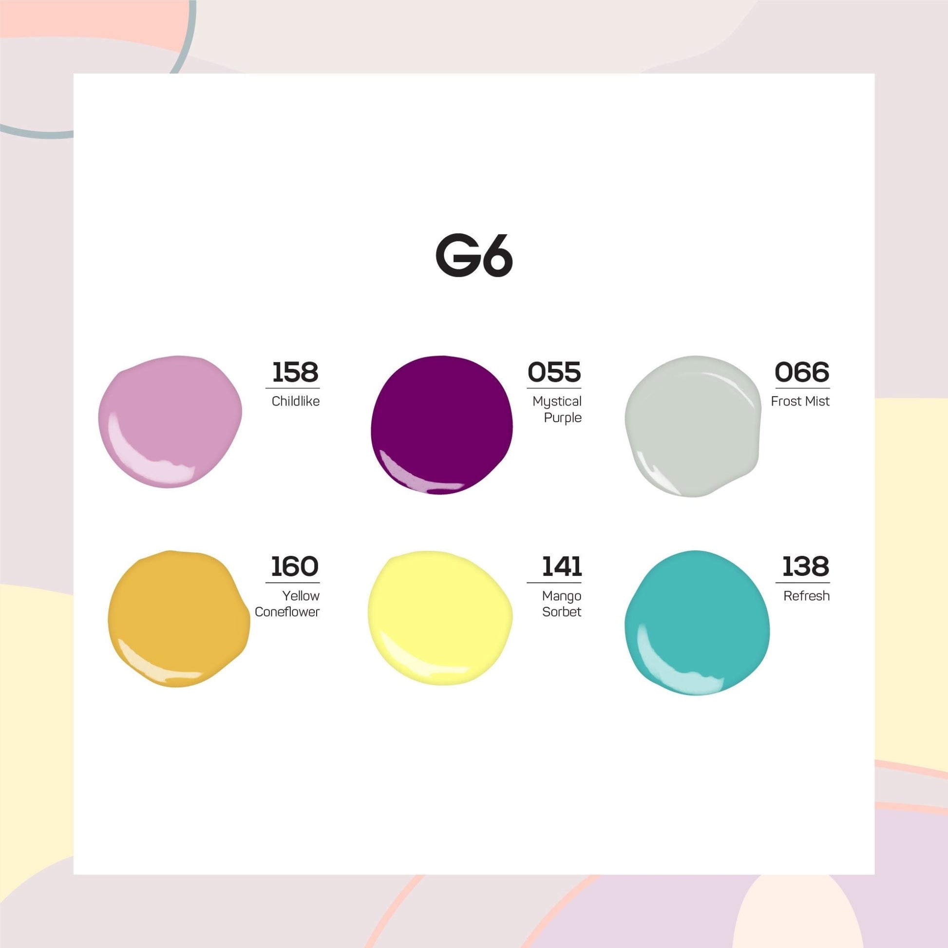 Lavis Summer Collection Gel Set 6: 6 Gel Polishes, 1 Base Gel, 1 Top Gel, 1 Protein Bond & Primer - 158; 055; 066; 160; 141; 138 - DTK Nail Supply
