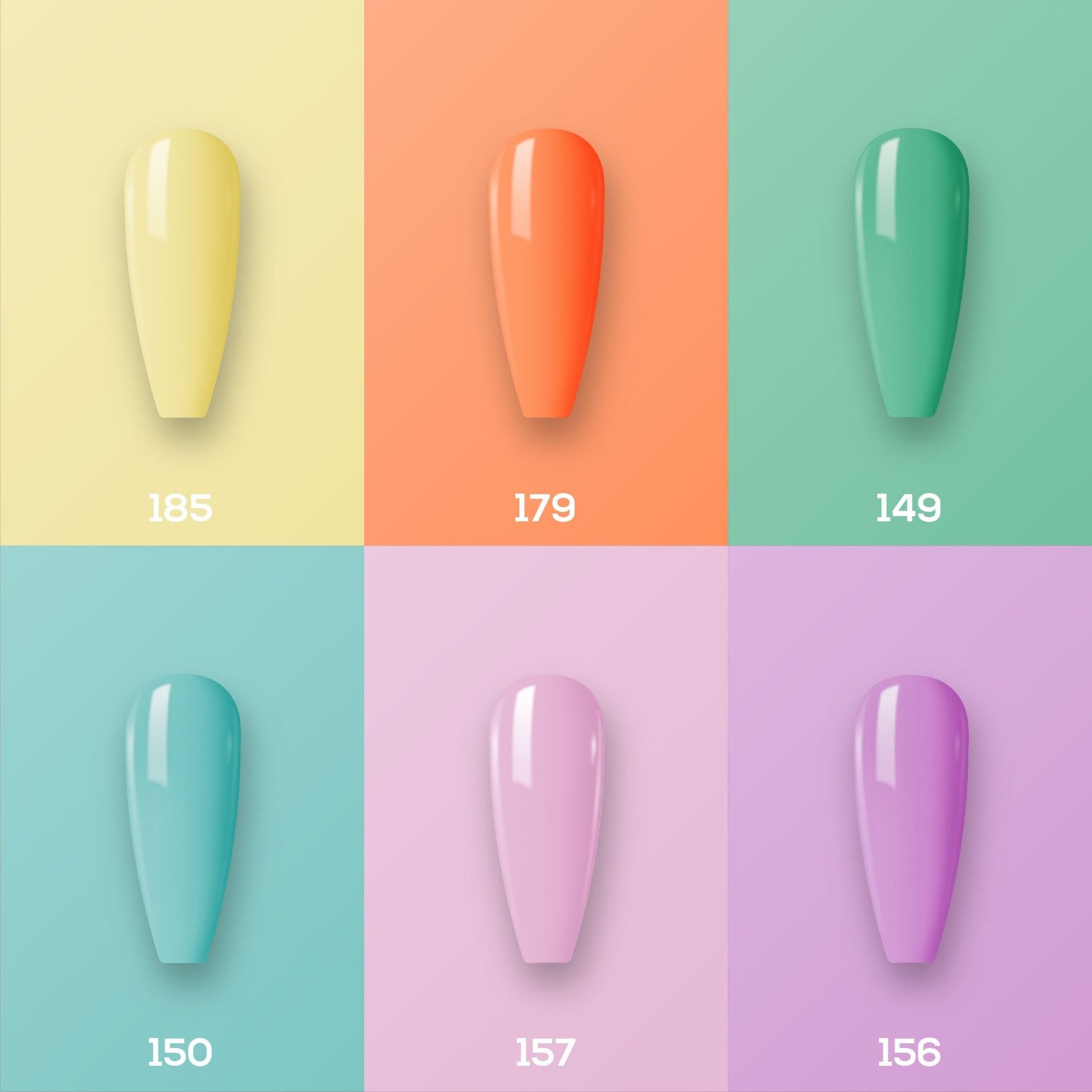 Lavis Summer Collection Gel Set 7: 6 Gel Polishes, 1 Base Gel, 1 Top Gel, 1 Protein Bond & Primer - 185; 179; 149; 150; 157; 156 - DTK Nail Supply