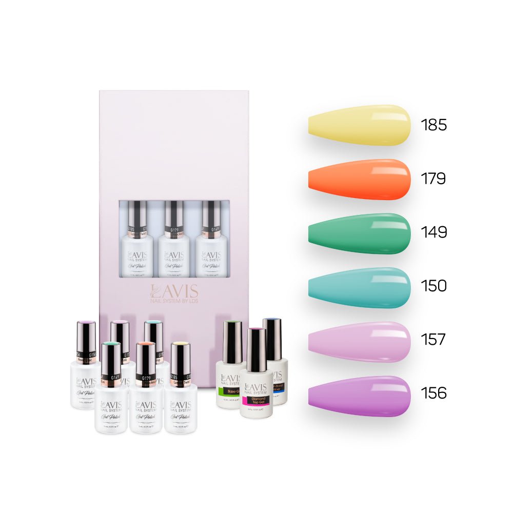 Lavis Summer Collection Gel Set 7: 6 Gel Polishes, 1 Base Gel, 1 Top Gel, 1 Protein Bond & Primer - 185; 179; 149; 150; 157; 156 - DTK Nail Supply
