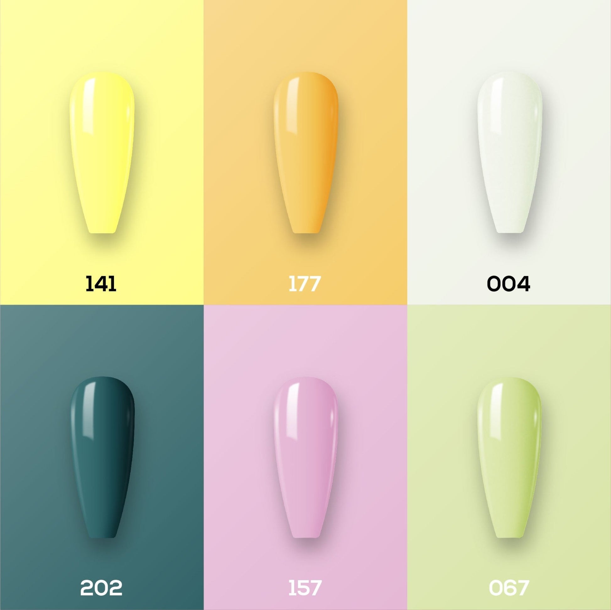 Lavis Summer Collection Gel Set 8: 6 Gel Polishes, 1 Base Gel, 1 Top Gel, 1 Protein Bond & Primer - 141; 177; 004; 202; 157; 067 - DTK Nail Supply
