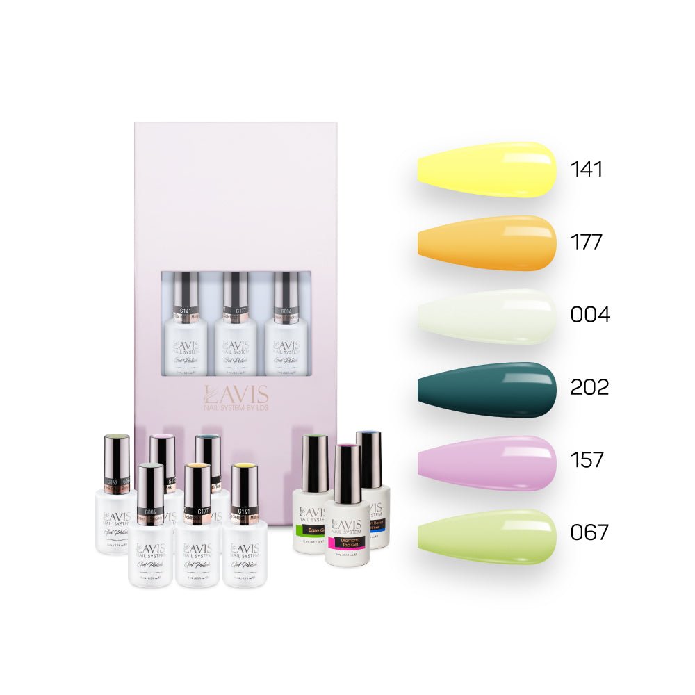 Lavis Summer Collection Gel Set 8: 6 Gel Polishes, 1 Base Gel, 1 Top Gel, 1 Protein Bond & Primer - 141; 177; 004; 202; 157; 067 - DTK Nail Supply