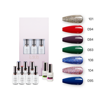  Lavis Holiday Collection: 7 Gel Polishes, 1 Base Gel, 1 Top Gel - Set 25 - 101, 094, 084, 083, 108, 104, 095 + BT by LAVIS NAILS sold by DTK Nail Supply