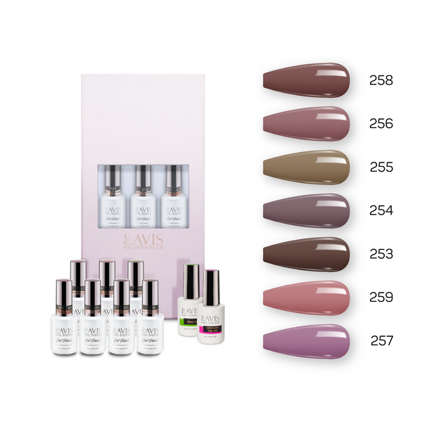  Lavis Holiday Collection: 7 Gel Polishes, 1 Base Gel, 1 Top Gel - Set 17 - 258, 256, 255, 254, 253, 259, 257 + BT by LAVIS NAILS sold by DTK Nail Supply