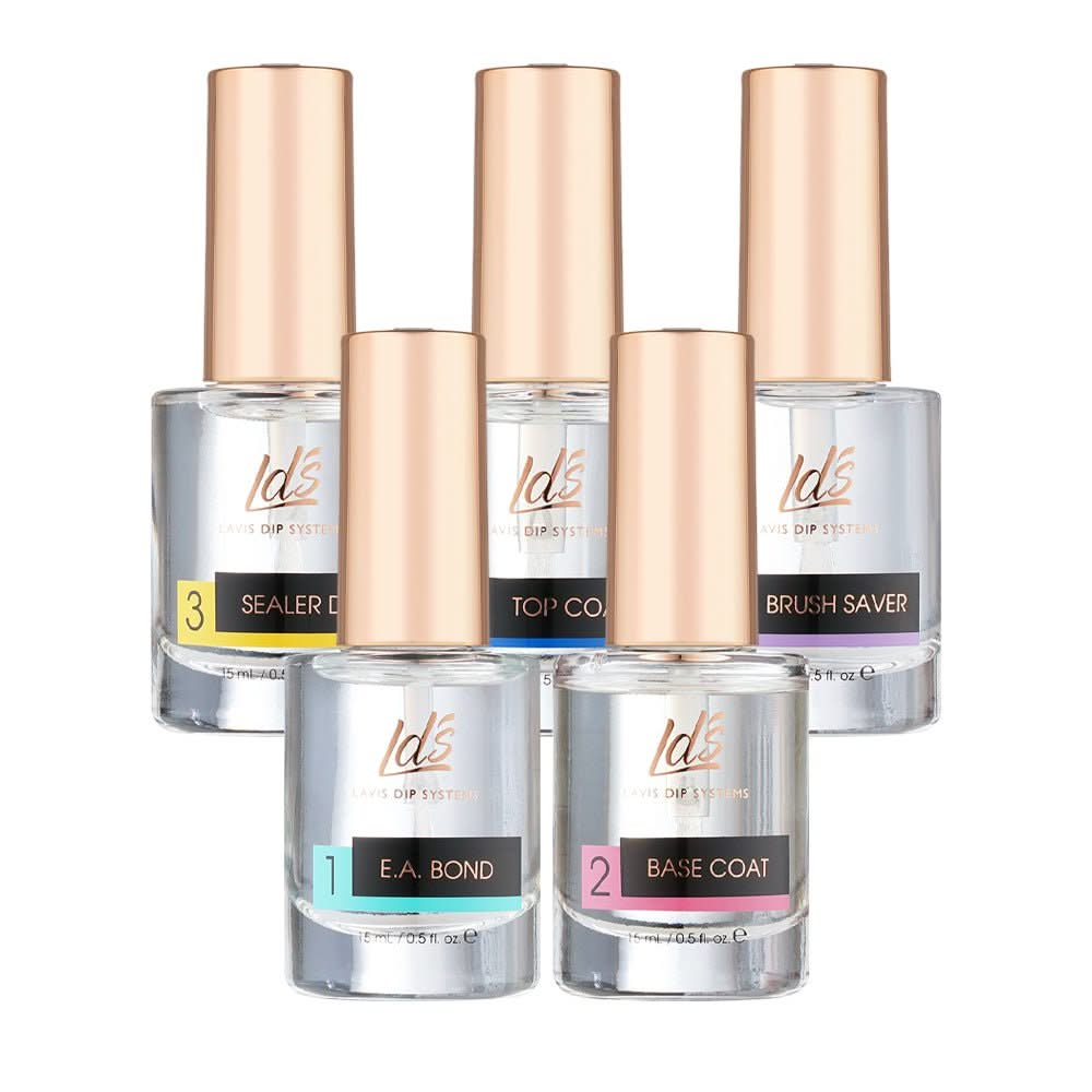 LDS Dipping Powder Essentials Kit - EA Bond, Gel Base, Sealer Dry, Gel Top, Brush Saver - 0.5 oz - DTK Nail Supply