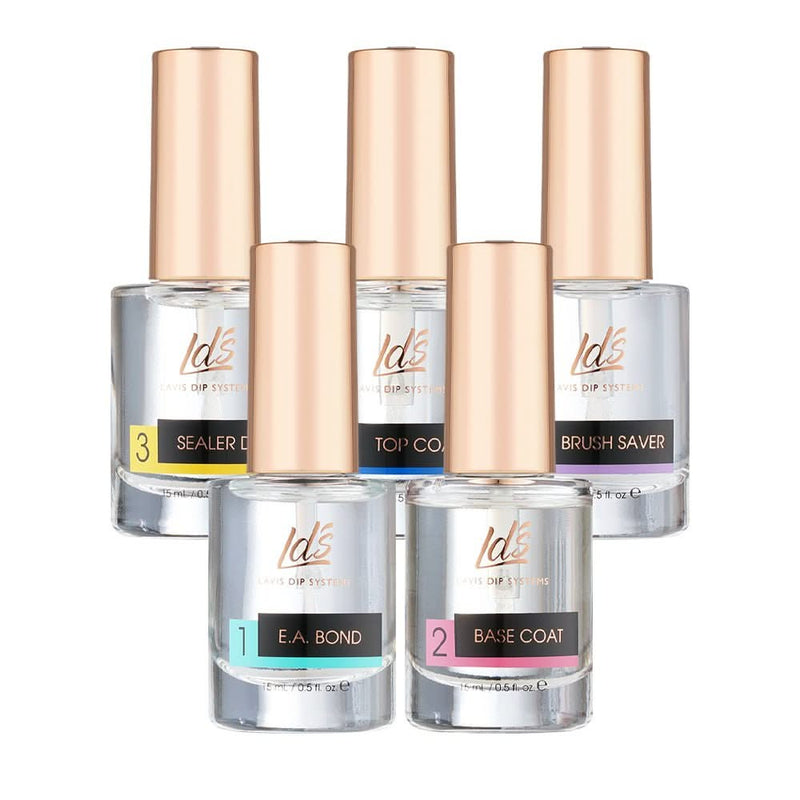 LDS Dipping Powder Essentials Kit - EA Bond, Gel Base, Sealer Dry, Gel Top, Brush Saver - 0.5 oz - DTK Nail Supply