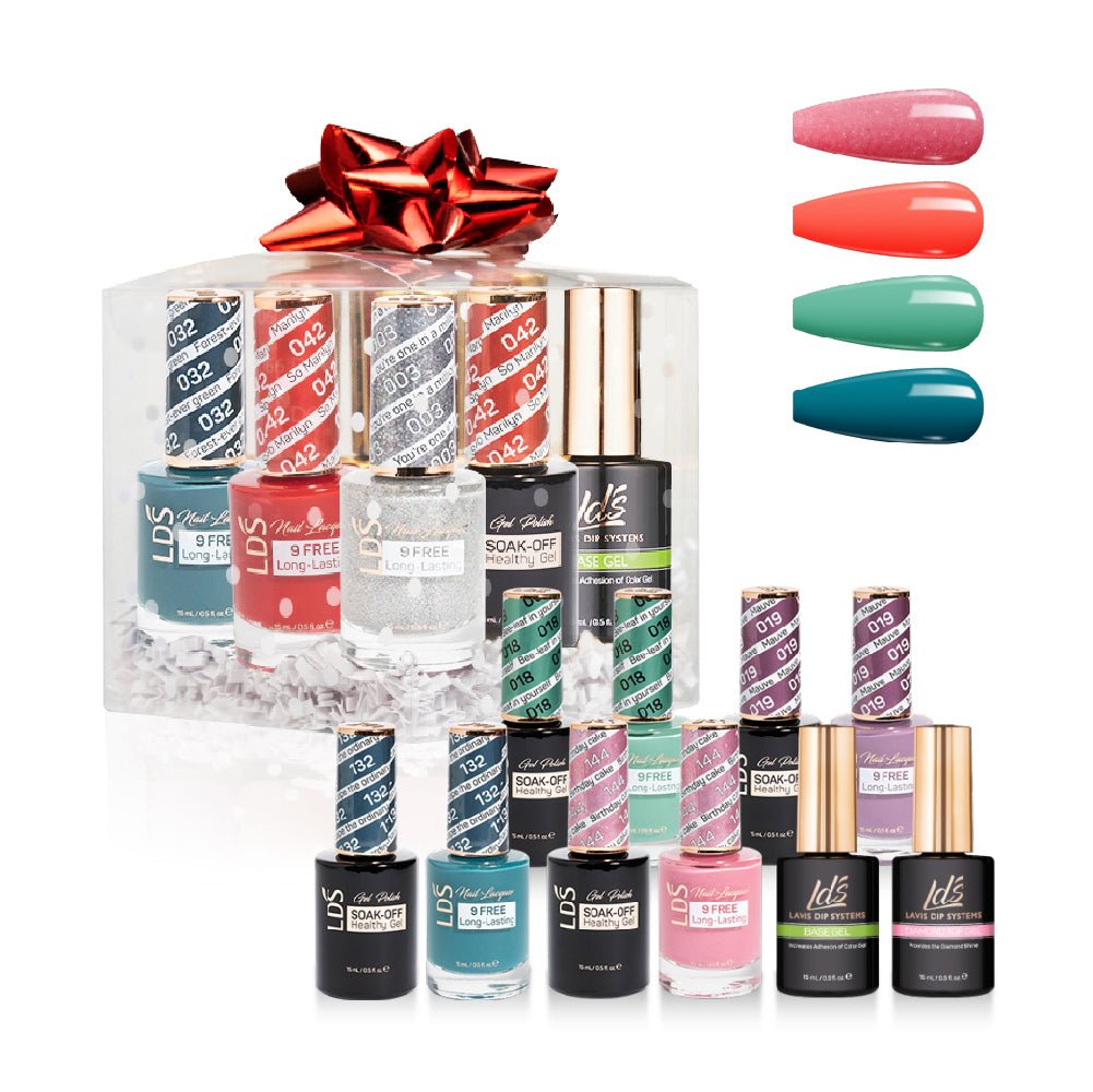 LDS Holiday Gift Bundle: 4 Gel & Lacquer, 1 Base Gel, 1 Top Gel - 018, 019, 132, 144 - DTK Nail Supply