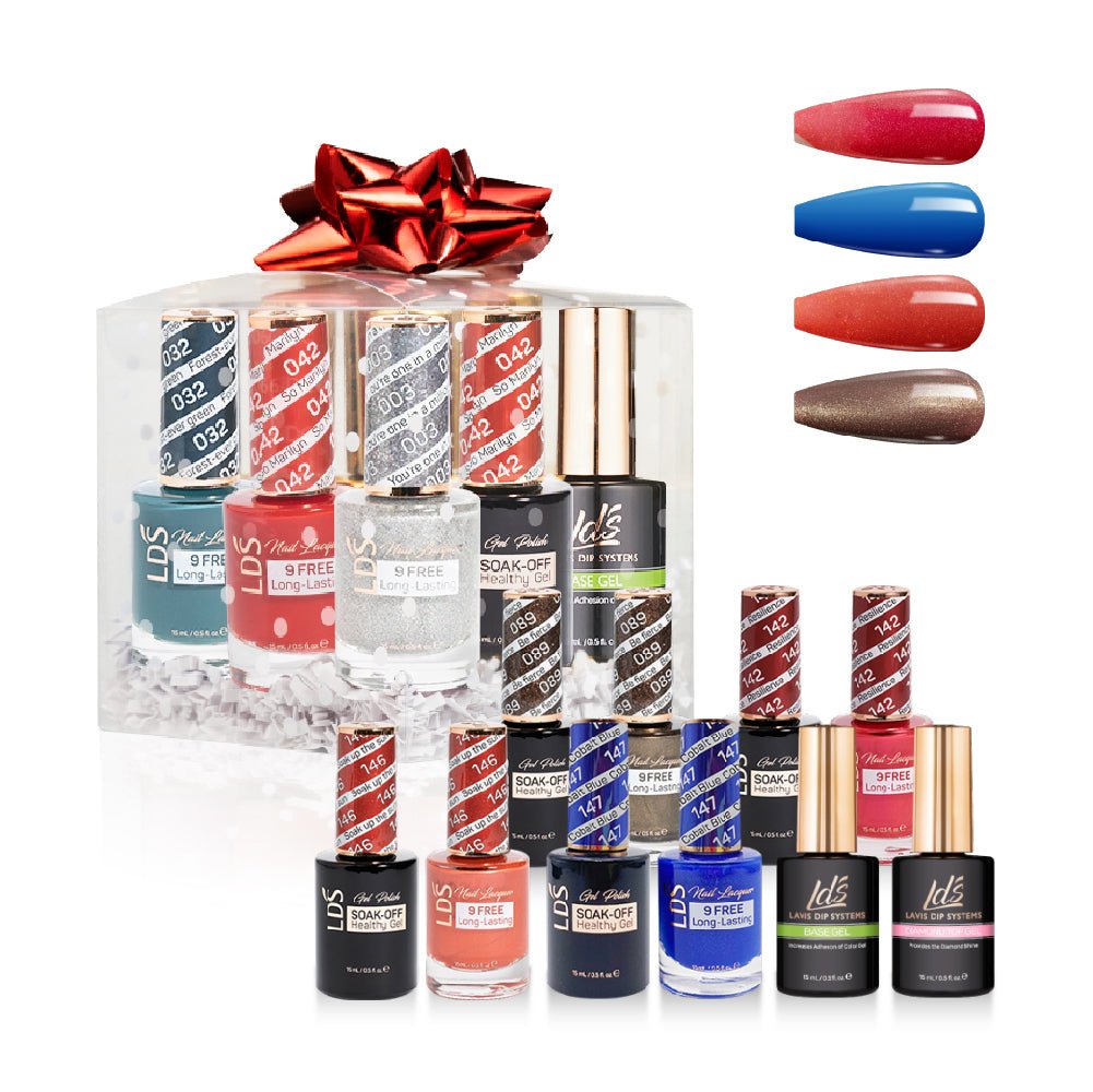 LDS Holiday Gift Bundle: 4 Gel & Lacquer, 1 Base Gel, 1 Top Gel - 089, 142, 146, 147 - DTK Nail Supply