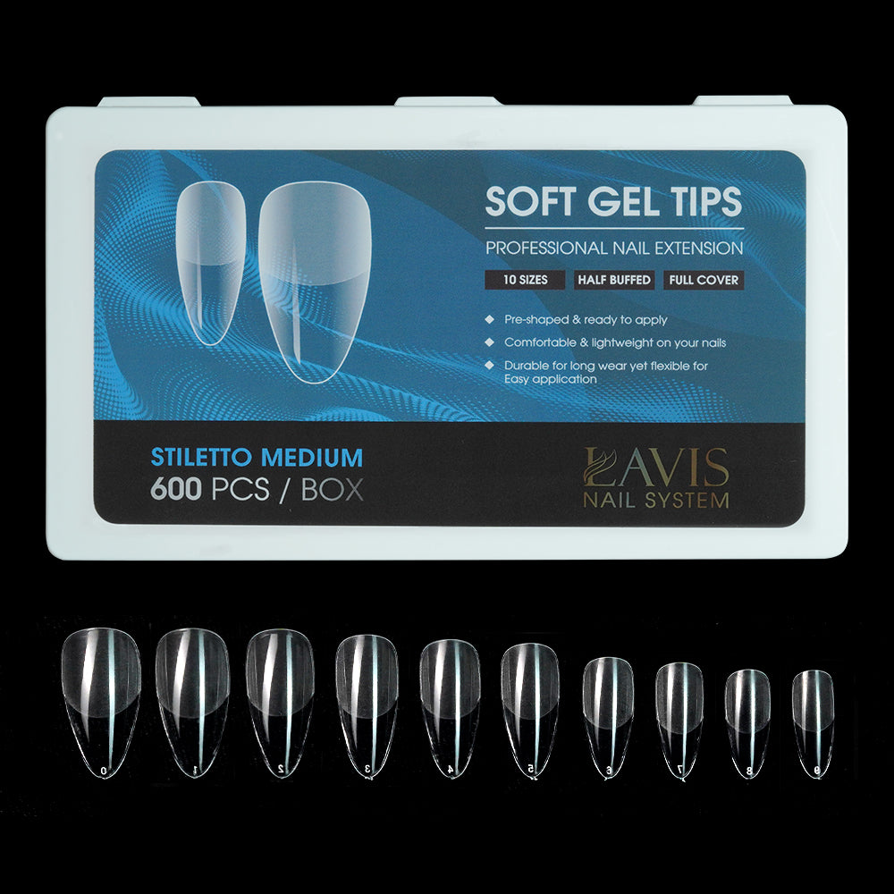 LAVIS Stiletto Medium - 10 Sizes Half  Buffed - Soft Gel Tips
